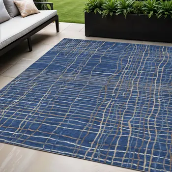 5' X 8' Navy Blue Gray And Brown Striped Washable Indoor Outdoor Area Rug