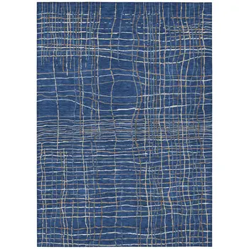 5' X 8' Navy Blue Gray And Brown Striped Washable Indoor Outdoor Area Rug