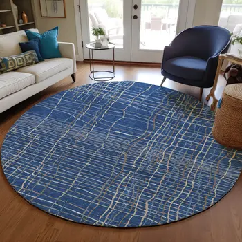 8' Navy Blue Gray And Brown Round Striped Washable Indoor Outdoor Area Rug