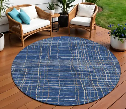 8' Navy Blue Gray And Brown Round Striped Washable Indoor Outdoor Area Rug
