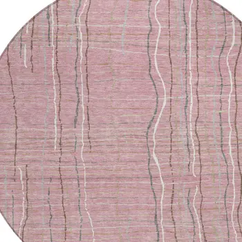 8' Pink Ivory And Gray Round Striped Washable Indoor Outdoor Area Rug