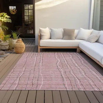 8' X 10' Pink Ivory And Gray Striped Washable Indoor Outdoor Area Rug