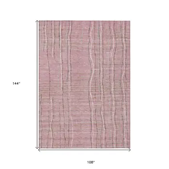 9' X 12' Pink Ivory And Gray Striped Washable Indoor Outdoor Area Rug