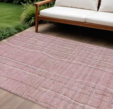 10' X 14' Pink Ivory And Gray Striped Washable Indoor Outdoor Area Rug