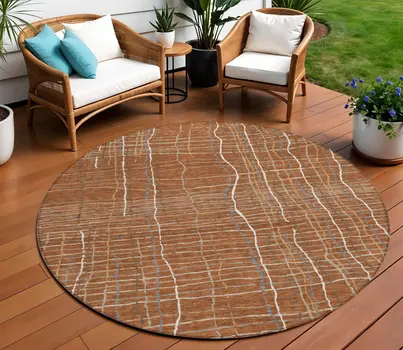 8' Brown Copper And Gray Round Striped Washable Indoor Outdoor Area Rug
