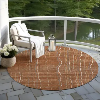 8' Brown Copper And Gray Round Striped Washable Indoor Outdoor Area Rug
