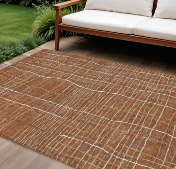 10' X 14' Brown Copper And Gray Striped Washable Indoor Outdoor Area Rug