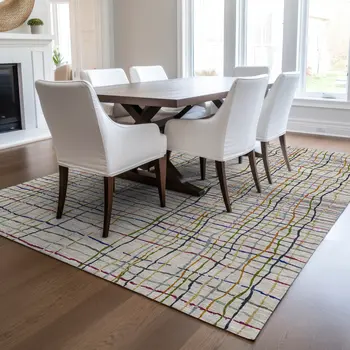 3' X 5' Ivory Pink And Copper Striped Washable Indoor Outdoor Area Rug
