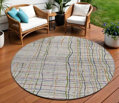 8' Ivory Pink And Copper Round Striped Washable Indoor Outdoor Area Rug