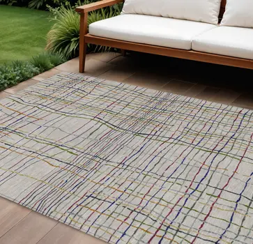 9' X 12' Ivory Pink And Copper Striped Washable Indoor Outdoor Area Rug