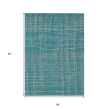 3' X 5' Teal Blue Gray And Brown Striped Washable Indoor Outdoor Area Rug