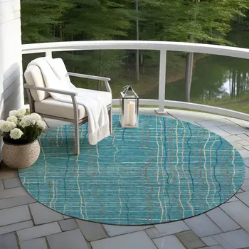 8' Teal Blue Gray And Brown Round Striped Washable Indoor Outdoor Area Rug