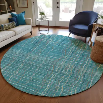 8' Teal Blue Gray And Brown Round Striped Washable Indoor Outdoor Area Rug