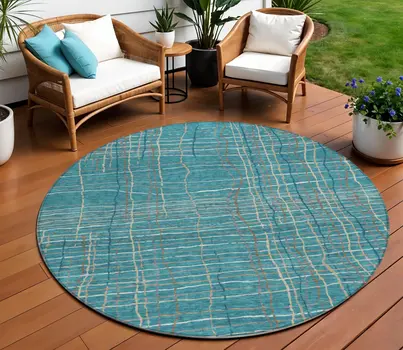 8' Teal Blue Gray And Brown Round Striped Washable Indoor Outdoor Area Rug
