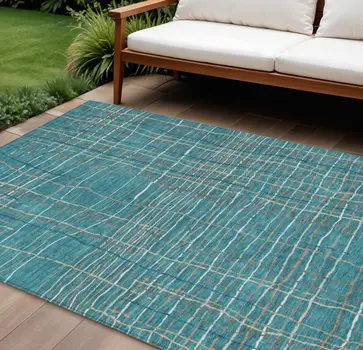 8' X 10' Teal Blue Gray And Brown Striped Washable Indoor Outdoor Area Rug