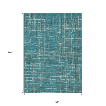 9' X 12' Teal Blue Gray And Brown Striped Washable Indoor Outdoor Area Rug
