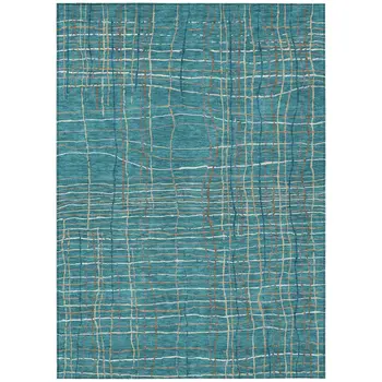 9' X 12' Teal Blue Gray And Brown Striped Washable Indoor Outdoor Area Rug