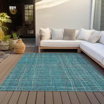 10' X 14' Teal Blue Gray And Brown Striped Washable Indoor Outdoor Area Rug