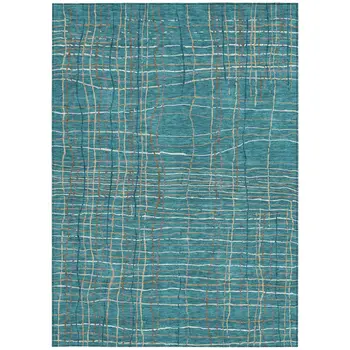 10' X 14' Teal Blue Gray And Brown Striped Washable Indoor Outdoor Area Rug