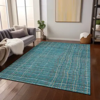 10' X 14' Teal Blue Gray And Brown Striped Washable Indoor Outdoor Area Rug