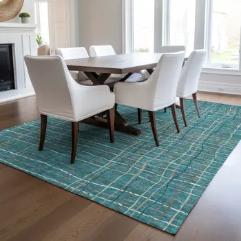 10' X 14' Teal Blue Gray And Brown Striped Washable Indoor Outdoor Area Rug