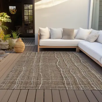 3' X 5' Taupe Brown And Ivory Striped Washable Indoor Outdoor Area Rug