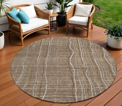 8' Taupe Brown And Ivory Round Striped Washable Indoor Outdoor Area Rug