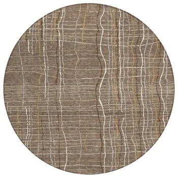 8' Taupe Brown And Ivory Round Striped Washable Indoor Outdoor Area Rug