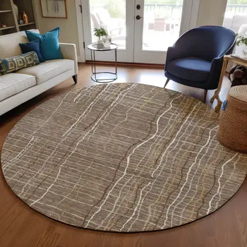 8' Taupe Brown And Ivory Round Striped Washable Indoor Outdoor Area Rug