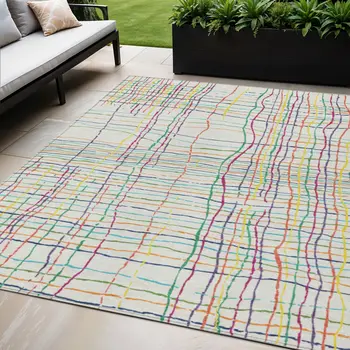 5' X 8' Pink Green And Yellow Striped Washable Indoor Outdoor Area Rug