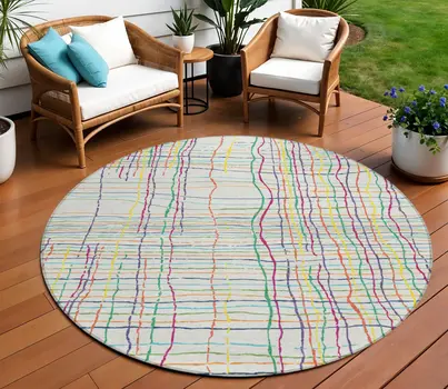 8' Pink Green And Yellow Round Striped Washable Indoor Outdoor Area Rug
