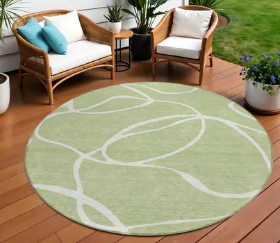 8' Artichoke Green And Ivory Round Abstract Washable Indoor Outdoor Area Rug