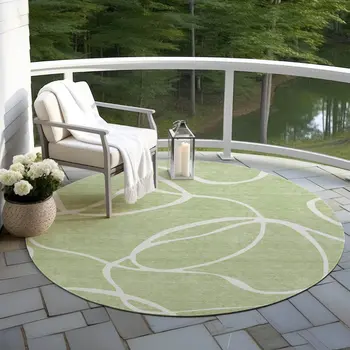 8' Artichoke Green And Ivory Round Abstract Washable Indoor Outdoor Area Rug