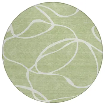 8' Artichoke Green And Ivory Round Abstract Washable Indoor Outdoor Area Rug