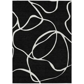 5' X 8' Black And Ivory Abstract Washable Indoor Outdoor Area Rug