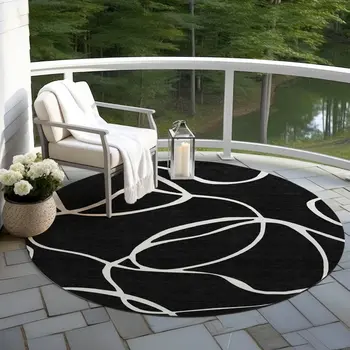 8' Black And Ivory Round Abstract Washable Indoor Outdoor Area Rug