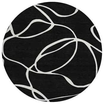 8' Black And Ivory Round Abstract Washable Indoor Outdoor Area Rug