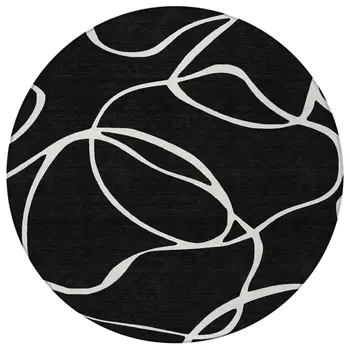 8' Black And Ivory Round Abstract Washable Indoor Outdoor Area Rug