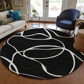 8' Black And Ivory Round Abstract Washable Indoor Outdoor Area Rug