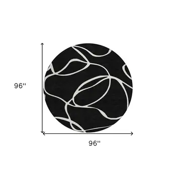 8' Black And Ivory Round Abstract Washable Indoor Outdoor Area Rug