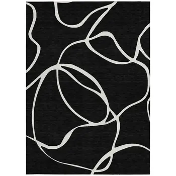 8' X 10' Black And Ivory Abstract Washable Indoor Outdoor Area Rug