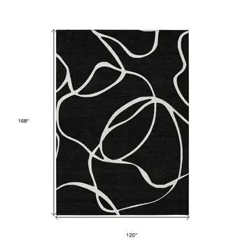 10' X 14' Black And Ivory Abstract Washable Indoor Outdoor Area Rug