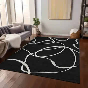 10' X 14' Black And Ivory Abstract Washable Indoor Outdoor Area Rug