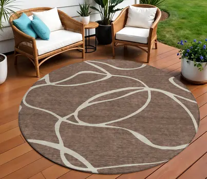 8' Brown And Beige Round Abstract Washable Indoor Outdoor Area Rug