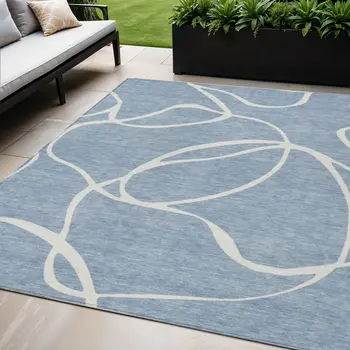 5' X 8' Denim Blue And Ivory Abstract Washable Indoor Outdoor Area Rug