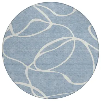 8' Denim Blue And Ivory Round Abstract Washable Indoor Outdoor Area Rug