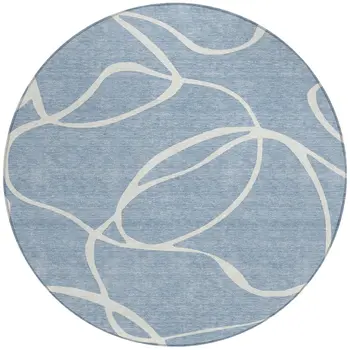 8' Denim Blue And Ivory Round Abstract Washable Indoor Outdoor Area Rug