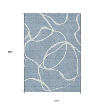 10' X 14' Denim Blue And Ivory Abstract Washable Indoor Outdoor Area Rug