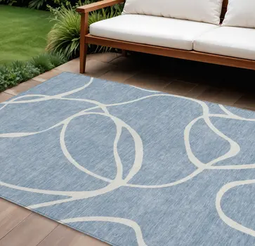 10' X 14' Denim Blue And Ivory Abstract Washable Indoor Outdoor Area Rug