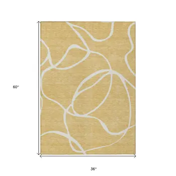 3' X 5' Gold And Ivory Abstract Washable Indoor Outdoor Area Rug